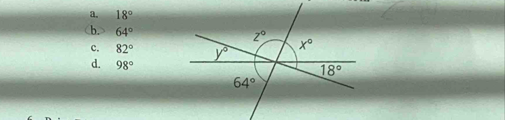 a. 18°
b. 64°
c. 82°
d. 98°