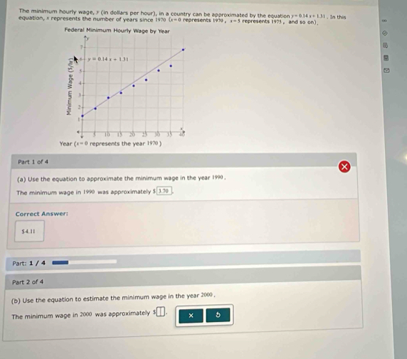 The minimum hourly wage, y (in dollars per hour), in a country can be approximated by the equation y=0.14x+1.31
equation, x represents the number of years since 1970 (x=0 represents (470,x=5 represents 1975 ， and so on) . In this 
Federal Minimum Hourly Wage by Year
7
6 y=0.14x+1.31
5
4
3
2
3 10 15 20 23 35 33 40
Year c=c represents the year 1970 ) 
Part 1 of 4 
(a) Use the equation to approximate the minimum wage in the year 1990 . 
The minimum wage in 1990 was approximately S|3.70
Correct Answer:
$ 4. 11
Part: 1 / 4 
Part 2 of 4 
(b) Use the equation to estimate the minimum wage in the year 2000 , 
The minimum wage in 2000 was approximately $ × 5