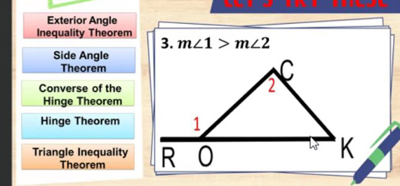 Exterior Angle 
Inequality Theorem 
3. m∠ 1>m∠ 2
Side Angle 
Theorem 
Converse of the 
Hinge Theorem 
Hinge Theorem 
Triangle Inequality 
Theorem