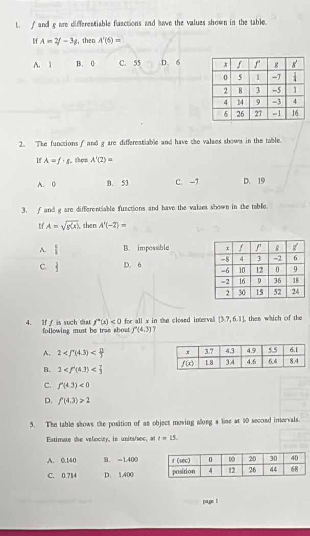 and g are differentiable functions and have the values shown in the table.
If A=2f-3g , then A'(6)=
A. 1 B. 0 C. 55 D. 6 
2. The functions f and g are differentiable and have the values shown in the table.
If A=f· g ,then A'(2)=
A. 0 B. 53 C. -7 D. 19
3. f and g are differentiable functions and have the values shown in the table.
If A=sqrt(g(x)) , then A'(-2)=
A.  9/8  B. impossible
C.  3/2 
D. 6
4. If ƒ is such that f''(x)<0</tex> for all x in the closed interval [3.7,6.1] , then which of the
following must be true about f'(4.3) ?
A. 2
B. 2
C. f'(4.3)<0</tex>
D. f'(4.3)>2
5. The table shows the position of an object moving along a line at 10 second intervals.
Estimate the velocity, in units/sec, at t=15.
A. 0.140 B. -1.400
C. 0.714 D. 1.400
page 1