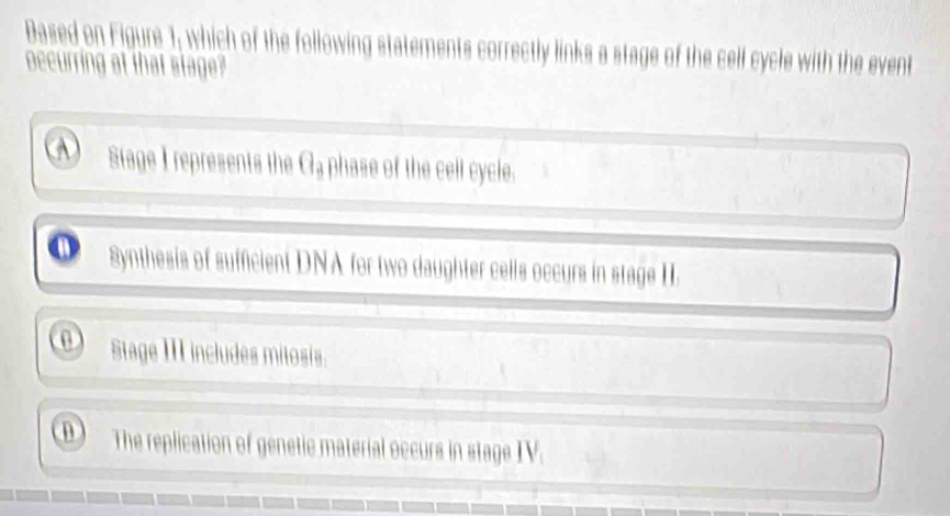 Based on Figure 1; which of the following statements correctly links a stage of the cell cycle with the event
oecurring at that stage?
Stage I represents the Ga phase of the cell cycle.
Synthesis of sufficient DNA for two daughter cells occurs in stage I.
0 Stage III includes mitosis.
D The replication of genetic material occurs in stage IV.