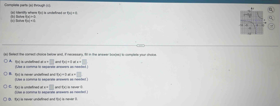 Complete parts (a) through (c).
Q
(a) Identify where f(x) is undefined or f(x)=0. 
(b) Solve f(x)>0. 
Q
(c) Solve f(x)<0</tex>. 
(a) Select the correct choice below and, if necessary, fill in the answer box(es) to complete your choice.
A. f(x) is undefined at x=□ and f(x)=0 at x=□. 
(Use a comma to separate answers as needed.)
B. f(x) is never undefined and f(x)=0 at x=□. 
(Use a comma to separate answers as needed.)
C. f(x) is undefined at x=□ and f(x) is never 0.
(Use a comma to separate answers as needed.)
D. f(x) is never undefined and f(x) is never 0.