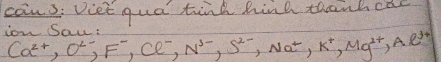 cons: Diet qua tind hink thanh cac 
iow Saw :
Ca^(2+), O^(2-), F^-, Cl^-, N^(3-), S^(2-), Na^+, K^+, Mg^(2+), Al^(3+)