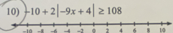 -10+2|-9x+4|≥ 108
-10 -8 -6 -4 -2 0 2 4 6 8 10