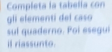 Completa la tabella con 
gli elementi del caso 
sul quaderno. Poi esegui 
il riassunte.