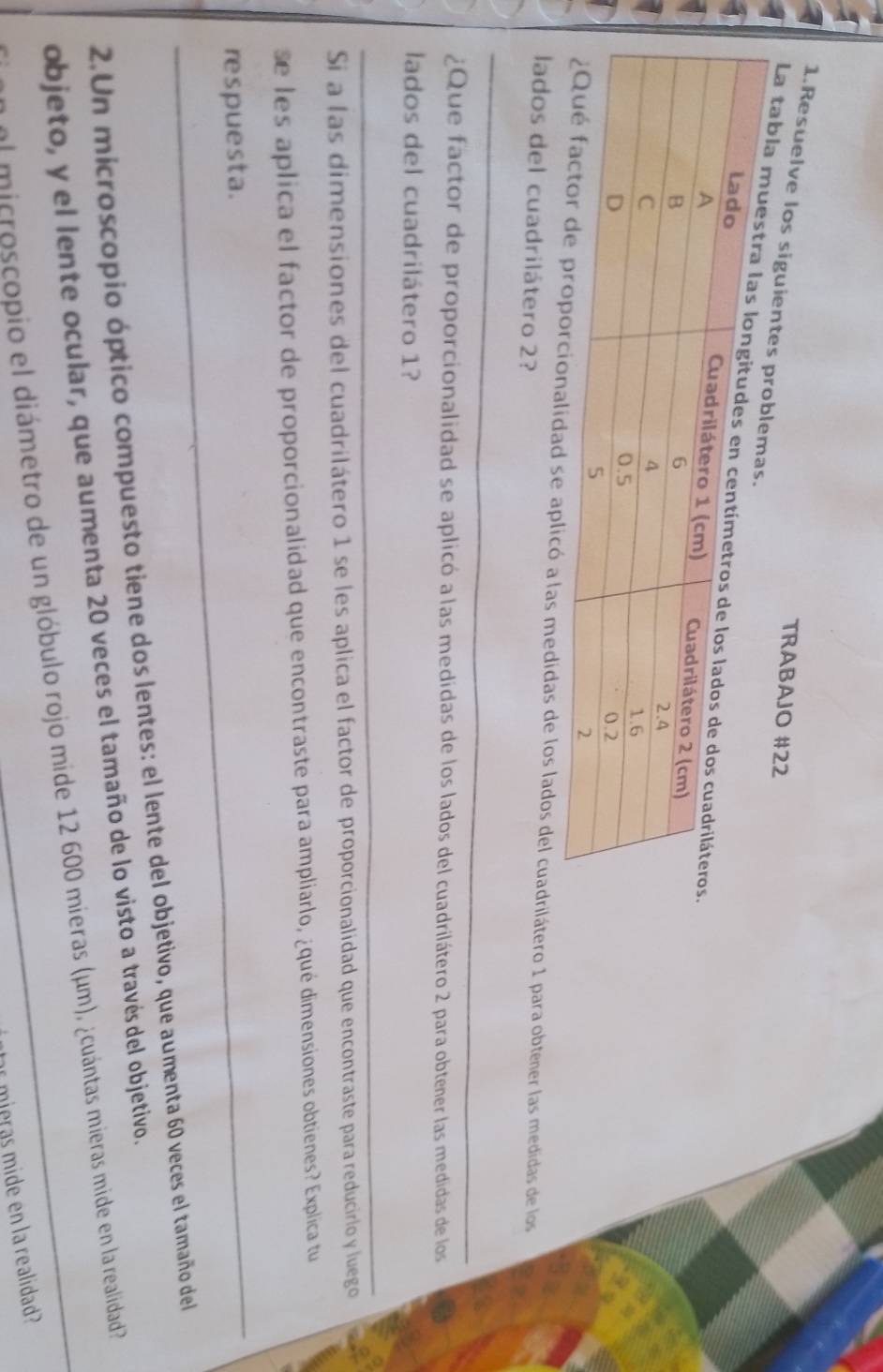 TRABAJO #22 
1.Resuelve los siguientes 
La tabl 
e aplicó a las medidas de los lados del cuadrilátero 1 para obtener las medidas de los 
lados del cuadrilátero 2? 
_ 
¿Que factor de proporcionalidad se aplicó a las medidas de los lados del cuadrilátero 2 para obtener las medidas de los 
lados del cuadrilátero 1? 
_ 
Si a las dimensiones del cuadrilátero 1 se les aplica el factor de proporcionalidad que encontraste para reducirlo y luego 
se les aplica el factor de proporcionalidad que encontraste para ampliarlo, ¿qué dimensiones obtienes? Explica tu 
_ 
res puesta. 
2.Un microscopio óptico compuesto tiene dos lentes: el lente del objetivo, que aumenta 60 veces el tamaño del 
objeto, y el lente ocular, que aumenta 20 veces el tamaño de lo visto a través del objetivo. 
microscopio el diámetro de un glóbulo rojo mide 12 600 mieras (μm), ¿cuántas mieras mide en la realidad 
ar mieras mide en la realidad?