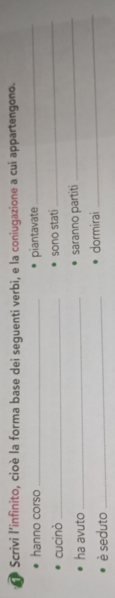 # Scrivi l’'infinito, cioè la forma base dei seguenti verbi, e la coniugazione a cui appartengono. 
hanno corso _piantavate_ 
cucinò_ 
sono stati_ 
ha avuto_ 
saranno partiti_ 
è seduto _dormirai_