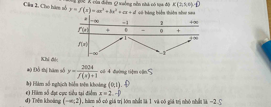 ổng gốc K của điểm Q xuống nền nhà có tọa độ K(2;5;0)
Câu 2. Cho hàm số y=f(x)=ax^3+bx^2+cx+d có bảng biến thiên như sau
Khi đó:
a) Đồ thị hàm số y= 2024/f(x)+1  có 4 đường tiệm cận.
b) Hàm số nghịch biến trên khoảng (0;1)
c) Hàm số đạt cực tiểu tại điểm x=2
d) Trên khoảng (-∈fty ;2) , hàm số có giá trị lớn nhất là 1 và có giá trị nhỏ nhất là −2 .S