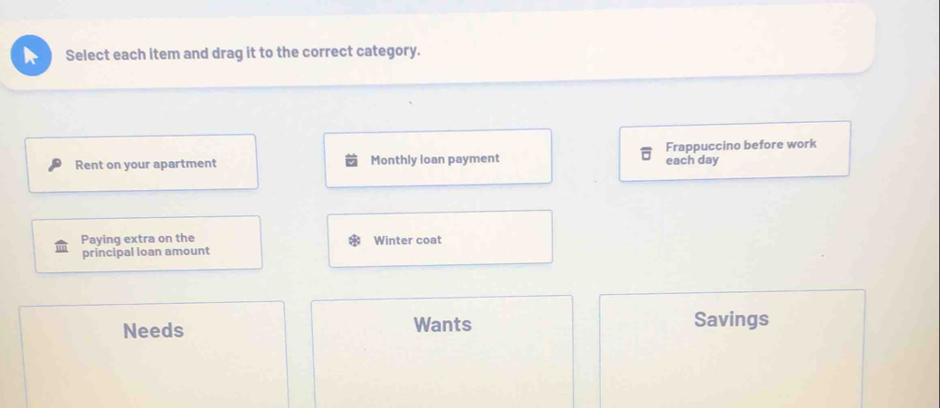 Select each item and drag it to the correct category. 
Rent on your apartment Monthly loan payment each day Frappuccino before work 
Paying extra on the Winter coat 
principal loan amount 
Needs Wants Savings