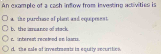 An example of a cash inflow from investing activities is
a. the purchase of plant and equipment.
b. the issuance of stock.
c. interest received on loans.
d. the sale of investments in equity securities.