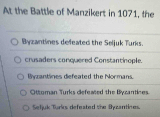 Solved: At the Battle of Manzikert in 1071, the Byzantines defeated the ...