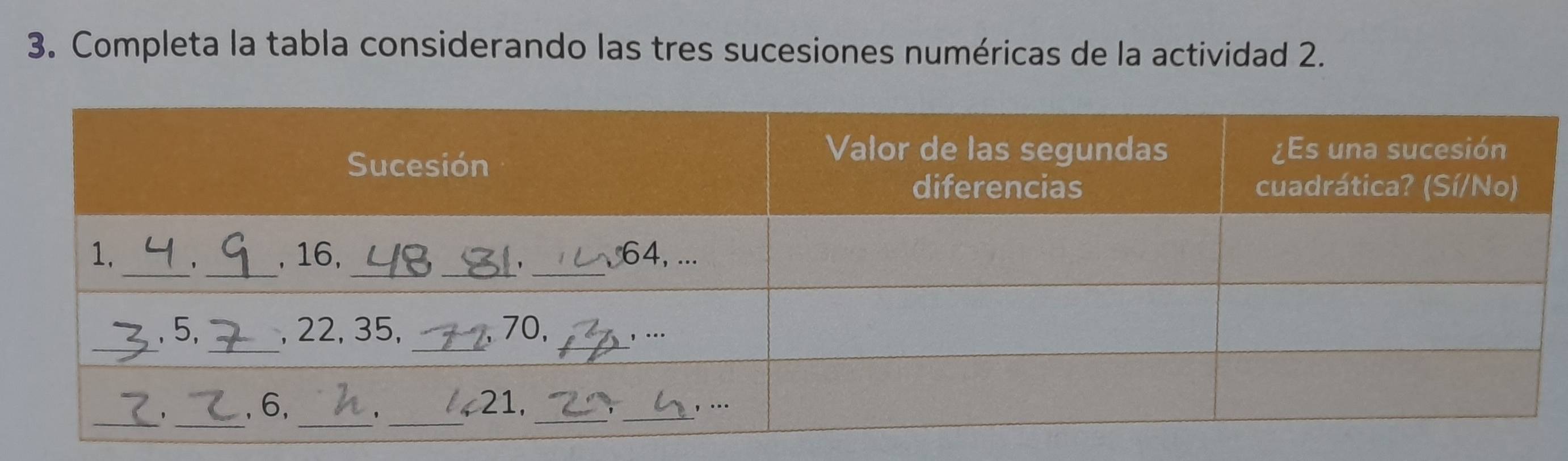 Completa la tabla considerando las tres sucesiones numéricas de la actividad 2.