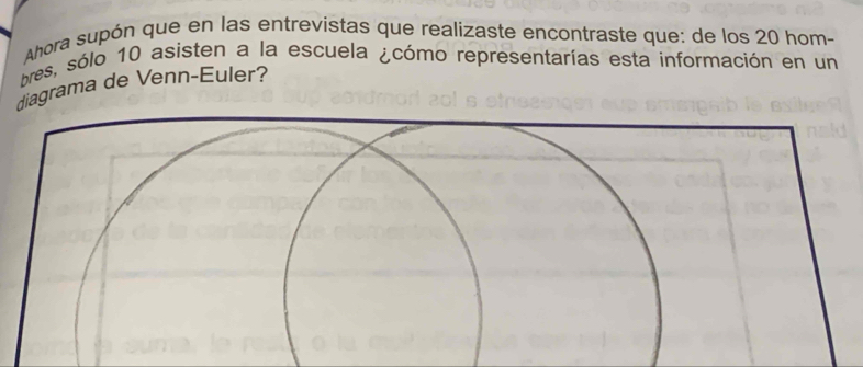 Ahora supón que en las entrevistas que realizaste encontraste que: de los 20 hom- 
bres, sólo 10 asisten a la escuela ¿cómo representarías esta información en un 
diagrama de Venn-Euler?