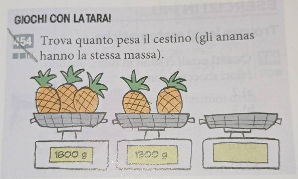 GIOCHI CON LA TARA!
454 Trova quanto pesa il cestino (gli ananas 
hanno la stessa massa).