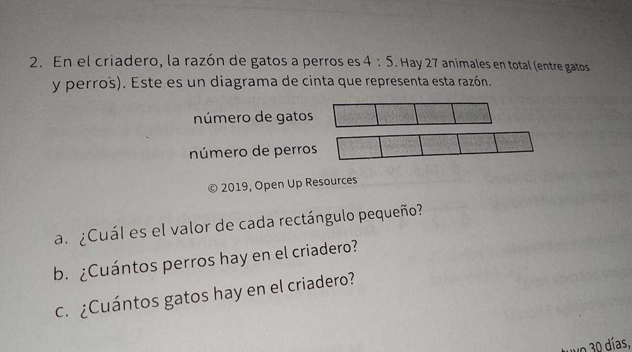 En el criadero, la razón de gatos a perros es 4:5. Hay 27 animales en total (entre gatos 
y perros). Este es un diagrama de cinta que representa esta razón. 
número de gatos 
número de perros 
) 2019, Open Up Resources 
a. ¿Cuál es el valor de cada rectángulo pequeño? 
b. ¿Cuántos perros hay en el criadero? 
c. ¿Cuántos gatos hay en el criadero? 
o 30 días,