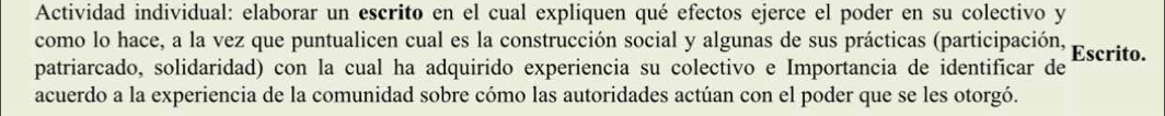 Actividad individual: elaborar un escrito en el cual expliquen qué efectos ejerce el poder en su colectivo y 
como lo hace, a la vez que puntualicen cual es la construcción social y algunas de sus prácticas (participación, Escrito. 
patriarcado, solidaridad) con la cual ha adquirido experiencia su colectivo e Importancia de identificar de 
acuerdo a la experiencia de la comunidad sobre cómo las autoridades actúan con el poder que se les otorgó.