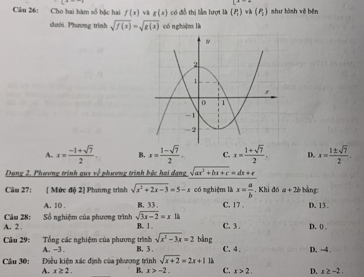 [x-2
Câu 26: Cho hai hàm số bậc hai f(x) và g(x) có đồ thị lần lượt là (P_1) và (P_2) như hình vẽ bên
dưới. Phương trình sqrt(f(x))=sqrt(g(x)) có nghiệm là
A. x= (-1+sqrt(7))/2 . B. x= (1-sqrt(7))/2 . C. x= (1+sqrt(7))/2 . D. x= 1± sqrt(7)/2 . 
Dạng 2. Phương trình quy x+ 2/x  phương trình bậc hai dạng sqrt(ax^2+bx+c)=dx+e
Câu 27: [ Mức độ 2] Phương trình sqrt(x^2+2x-3)=5-x có nghiệm là x= a/b . Khi đó a+2b bằng:
A. 10. B. 33. C. 17. D. 13 .
Câu 28: Số nghiệm của phương trình sqrt(3x-2)=xla
A. 2. B. 1. C. 3. D. 0.
Câu 29: Tổng các nghiệm của phương trình sqrt(x^2-3x)=2 bằng
A. -3. B. 3. C. 4. D. -4.
Câu 30: Điều kiện xác định của phương trình sqrt(x+2)=2x+1 là
A. x≥ 2. B. x>-2. C. x>2. D. x≥ -2.