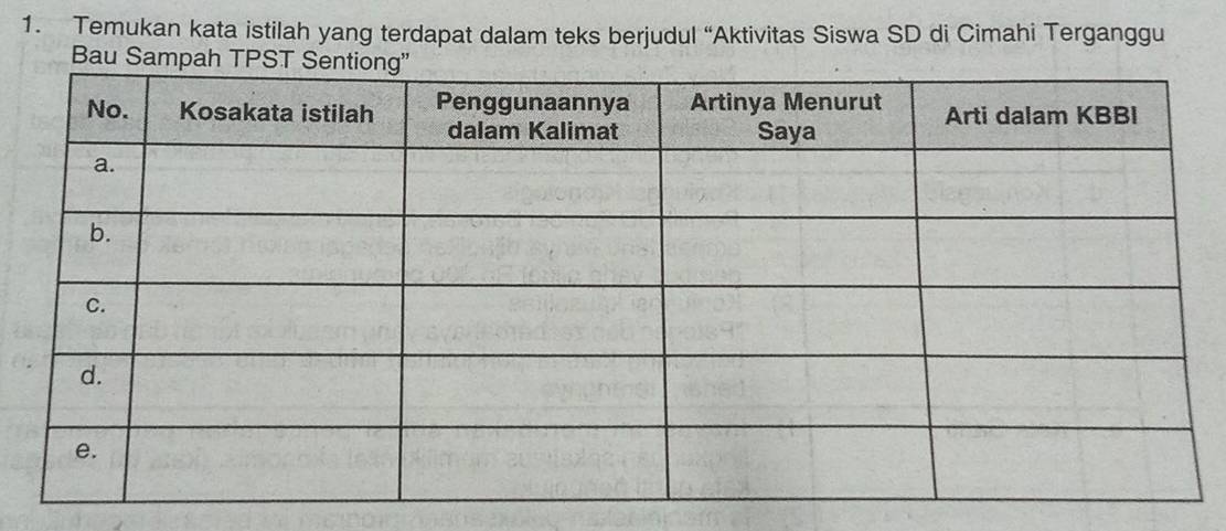 Temukan kata istilah yang terdapat dalam teks berjudul “Aktivitas Siswa SD di Cimahi Terganggu 
Bau Sam