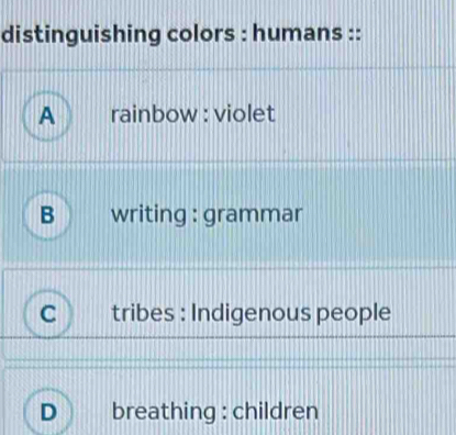 distinguishing colors : humans :: 
breathing : children