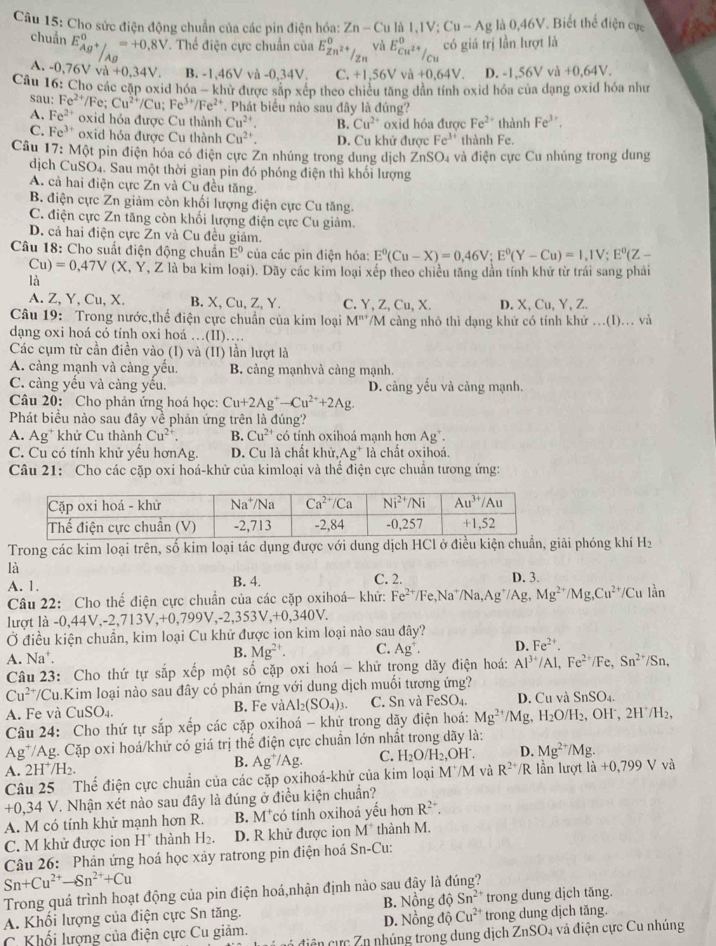 Cho sức điện động chuẩn của các pin điện hóa: Zn-CuliI,IV;Cu-Agla0,46V. V. Biết thể điện cực
chuẩn E_Ag^+/_(Ag)^0=+0.8V T. Thể điện cực chuẩn của E_Zn^(2+)/zn^0 và E_Cu^(2+)^0/_Cu có giá trị lần lượt là
A. 0,76Vva+0,34V B. -1,46V và -0,34V. C. +1,56Vva+0,64V. D. -1,56Vva+0,64V.
Câu 16: Cho các cặp oxid hóa - khử được sắp xếp theo chiều tăng dần tính oxid hóa của dạng oxid hóa như
sau: Fe^(2+)/Fe;Cu^(2+)/Cu;Fe^(3+)/Fe^(2+) *. Phát biểu nào sau đây là đúng?
A. Fe^(2+) oxid hóa được Cu thành Cu^(2+). oxid hóa được Fe^(2+) thành Fe^(3+).
B. Cu^(2+)
C. Fe^(3+) oxid hóa được Cu thành Cu^(2+). D. Cu khử được Fe^(3+) thành Fe.
Câu 17: Một pin điện hóa có điện cực Zn nhúng trong dung dịch ZnSO_4 4 và điện cực Cu nhúng trong dung
dịch CuSO4. Sau một thời gian pin đó phóng điện thì khối lượng
A. cả hai điện cực Zn và Cu đều tăng.
B. điện cực Zn giảm còn khối lượng điện cực Cu tăng.
C. điện cực Zn tăng còn khối lượng điện cực Cu giảm.
D. cả hai điện cực Zn và Cu đều giảm.
Câu 18: Cho suất điện động chuẩn E^0 của các pìn điện hóa: E^0(Cu-X)=0,46V;E^0(Y-Cu)=1,1V;E^0(Z-
Cu)=0,47V( X, Y, Z là ba kim loại). Dãy các kim loại xếp theo chiều tăng dần tính khử từ trái sang phải
là
A. Z, Y, Cu, X. B. X, Cu, Z, Y. C. Y, Z, Cu, X. D. X, Cu, Y, Z.
Câu 19:  Trong nước,thế điện cực chuẩn của kim loại M^(n+)/M càng nhỏ thì dạng khử có tính khử …(I)… và
dạng oxi hoá có tính oxi hoá …(II)…
Các cụm từ cần điền vào (I) và (II) lần lượt là
A. càng mạnh và càng yếu. B. càng mạnhvà càng mạnh.
C. càng yếu và càng yếu. D. càng yếu và cảng mạnh.
Câu 20: Cho phản ứng hoá học: Cu+2Ag^+-Cu^(2+)+2Ag.
Phát biểu nào sau đây về phản ứng trên là đúng?
A. Ag^+ khử Cu thành Cu^(2+). B. Cu^(2+) có tính oxihoá mạnh hơn Ag^+.
C. Cu có tính khử yếu hơnAg. D. Cu là chất khử, Ag^+ là chất oxihoá.
Câu 21: Cho các cặp oxi hoá-khử của kimloại và thế điện cực chuẩn tương ứng:
Trong các kim loại trên, số kim loại tác dụng được với dung dịch HCl ở điều kiện chuẩn, giải phóng khí H
là D. 3.
A. 1. B. 4. C. 2.
Câu 22: Cho thế điện cực chuẩn của các cặp oxihoá- khử: Fe^(2+) /Fe Na^+/Na,Ag^+/Ag Mg^(2+)/Mg,Cu^(2+)/Cu lan 1
lượt là -0,44V,-2,713V,+0 ,799V,-2,353V,+0,340V.
Ở điều kiện chuẩn, kim loại Cu khử được ion kim loại nào sau đây?
C.
A. Na⁺.
B. Mg^(2+). Ag^+.
D. Fe^(2+).
Câu 23: Cho thứ tự sắp xếp một số cặp oxi hoá - khử trong dãy điện hoá: Al^(3+)/Al,Fe^(2+)/Fe,Sn^(2+)/Sn,
Cu^(2+) T/Cu.Kim loại nào sau đây có phản ứng với dung dịch muối tương ứng?
A. Fe và CuSO4. B. Fe và Al_2(SO_4)_3. C. Sn và FeSO₄. D. Cu và SnSO_4.
Câu 24: Cho thứ tự sắp xếp các cặp oxihoá - khử trong dãy điện hoá: Mg^(2+)/Mg H_2O/H_2,OH^-,2H^+/H_2,
Ag*/Ag. Cặp oxi hoá/khứ có giá trị thể điện cực chuẩn lớn nhất trong dãy là:
C.
Mg^(2+)/Mg.
A. 2H⁺/H₂. B. Ag^+/Ag. H_2O/H_2,OH^-. D.  ln lượt dot a+0,799V và
Câu 25 Thế điện cực chuẩn của các cặp oxihoá-khử của kim loại M^+/M và R^(2+)/R
+0,34 V. Nhận xét nào sau đây là đúng ở điều kiện chuẩn?
A. M có tính khử mạnh hơn R. B. M^+ có tính oxihoá yếu hơn R^(2+).
C. M khử được ion H^+ thành H_2. D. R khử được ion M* thành M.
Câu 26: Phản ứng hoá học xảy ratrong pin điện hoá : Sn-Cl 1
Sn+Cu^(2+)to Sn^(2+)+Cu
Trong quá trình hoạt động của pin điện hoá,nhận định nào sau đây là đúng?
B. Nồng độ Sn^(2+)
A. Khối lượng của điện cực Sn tăng. trong dung dịch tăng.
D. Nồng độ Cu^(2+) trong dung dịch tăng.
C. Khối lượng của điện cực Cu giảm.     d ê n  ực Zn nhúng trong dung dịch ZnSO 4 và điện cực Cu nhúng