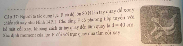 Người ta tác dụng lực F có độ lớn 80 N lên tay quay đề xoay 
chiếc cối xay như Hình 14P.1. Cho rằng F có phương tiếp tuyến với 
bề mặt cối xay, khoảng cách từ tay quay đến tâm quay là d=40cm. 
Xác định moment của lực F đối với trục quay qua tâm cối xay.