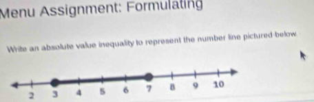 Menu Assignment: Formulating 
Write an absolute value inequality to represent the number line pictured-below. 
2