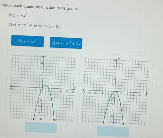 Match each quadratic function to its graph.
f(x)=-x^2
g(x)=-x^2+2x=-x(x-2)
f(x)=-x^2 g(x)=-x^2+2x