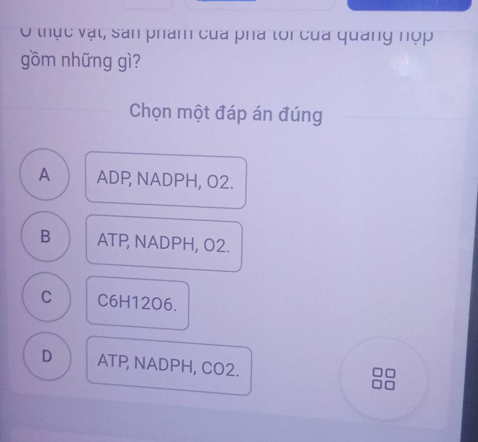 thực vật, San phẩm của pha toi của quang nợp
gồm những gì?
Chọn một đáp án đúng
A ADP, NADPH, O2.
B ATP, NADPH, O2.
C C6H12O6.
D ATP, NADPH, CO2.