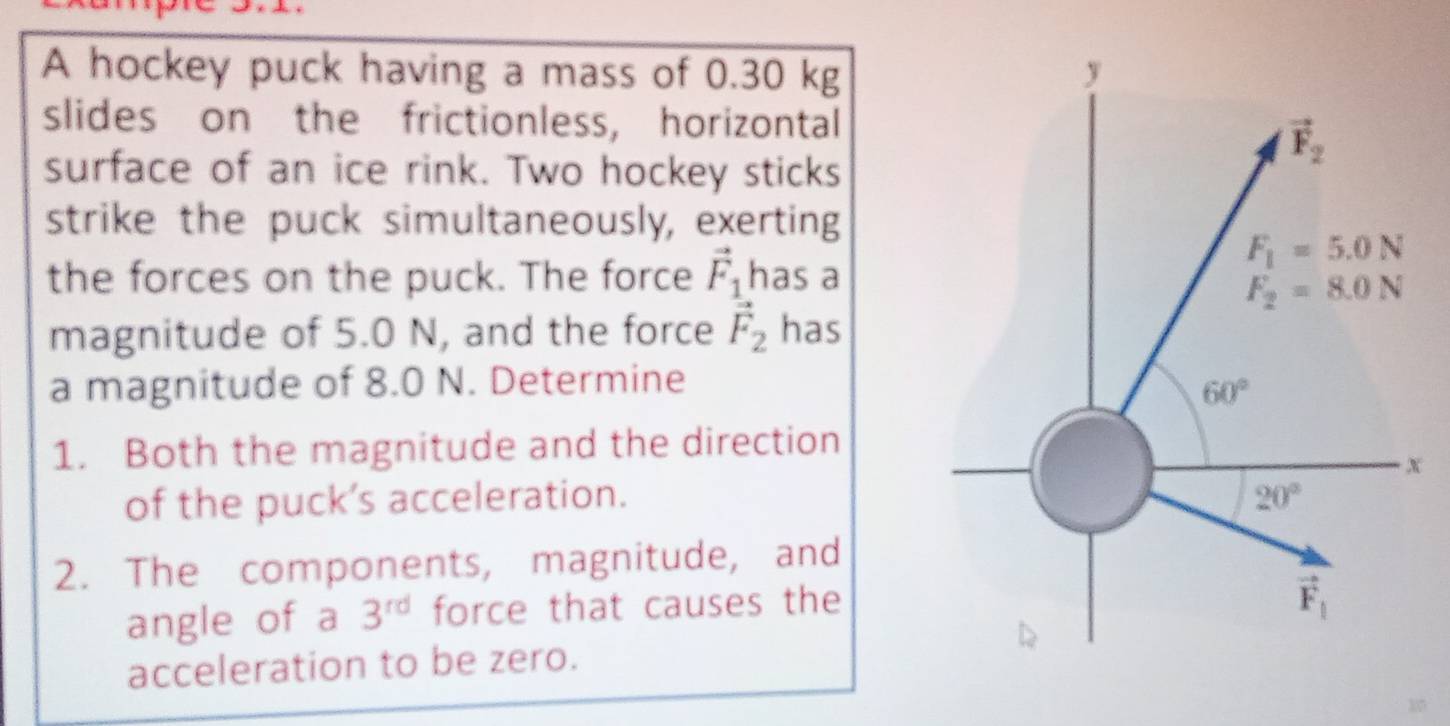 A hockey puck having a mass of 0.30 kg
slides on the frictionless, horizontal
surface of an ice rink. Two hockey sticks
strike the puck simultaneously, exerting
the forces on the puck. The force vector F_1 has a
magnitude of 5.0 N, and the force vector F_2 has
a magnitude of 8.0 N. Determine
1. Both the magnitude and the direction
x
of the puck’s acceleration.
2. The components, magnitude, and
angle of a 3^(rd) force that causes the
acceleration to be zero.