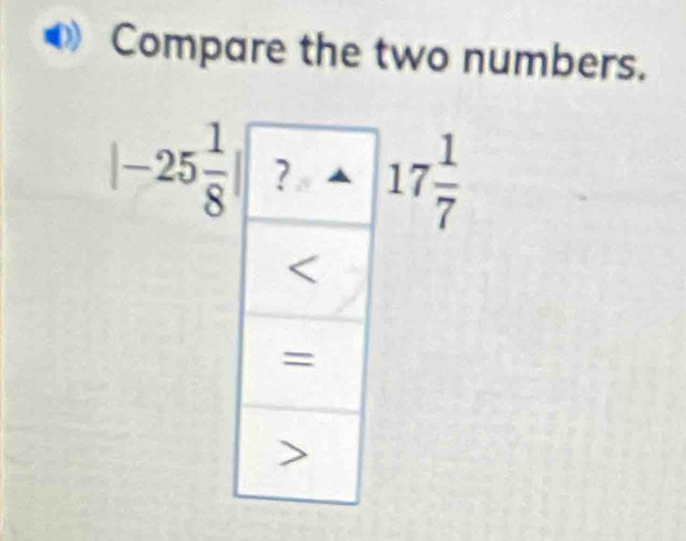 Compare the two numbers.
|-25 1/8 | 17 1/7 