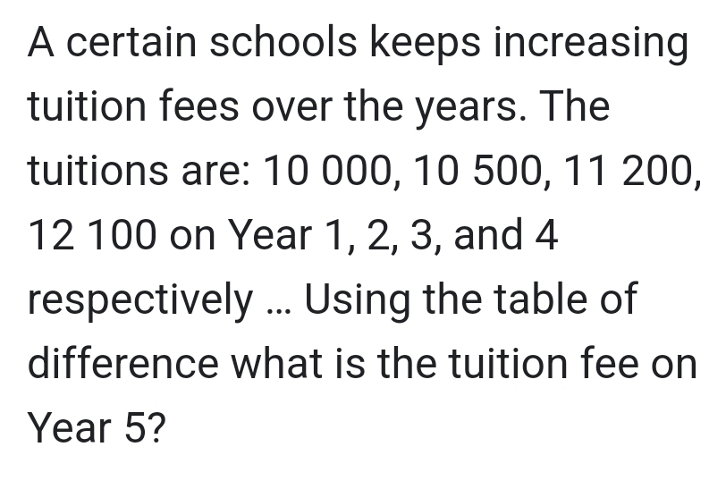 A certain schools keeps increasing 
tuition fees over the years. The 
tuitions are: 10 000, 10 500, 11 200,
12 100 on Year 1, 2, 3, and 4
respectively ... Using the table of 
difference what is the tuition fee on
Year 5?