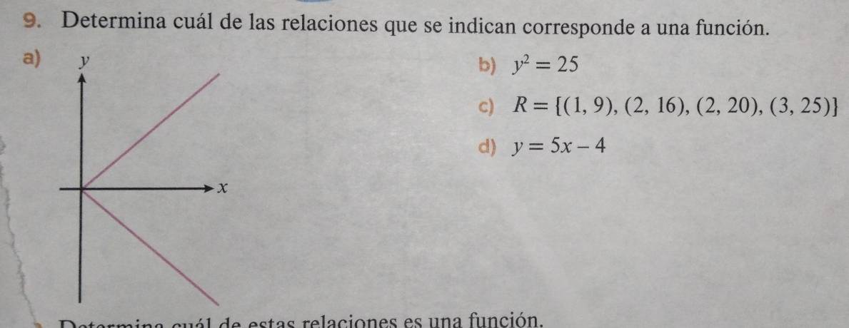 Determina cuál de las relaciones que se indican corresponde a una función.
a)
b) y^2=25
c) R= (1,9),(2,16),(2,20),(3,25)
d) y=5x-4
a c u ál de estas relaciones es una función.