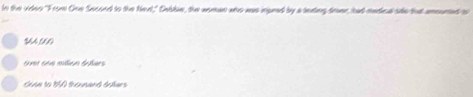 in the video "From One Secoed to the Ned," Dable, the woman who was inped by a teding doer, had medcal she fht amoured to
$64,500
séna lo AA theunant boñaes