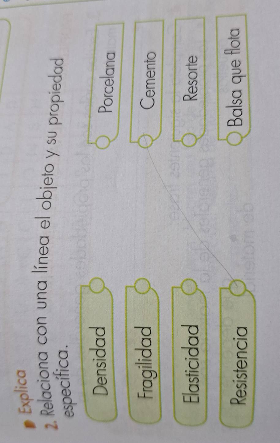 Explica
2. Relaciona con una línea el objeto y su propiedad
específica.
Densidad
Porcelana
Fragilidad Cemento
Elasticidad Resorte
Resistencia Balsa que flota