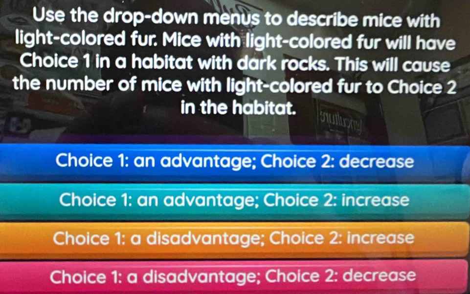 Use the drop-down menus to describe mice with
light-colored fur. Mice with light-colored fur will have
Choice 1 in a habitat with dark rocks. This will cause
the number of mice with light-colored fur to Choice 2
in the habitat.

Choice 1: an advantage; Choice 2: decrease
Choice 1: an advantage; Choice 2: increase
Choice 1: a disadvantage; Choice 2: increase
Choice 1: a disadvantage; Choice 2: decrease