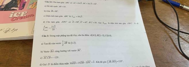 Cầu 12: Cho tam giác ABC có AC=10sqrt(3), BC=20, hat C=30°. 
a) Độ dài cạnh AB=10
b) Góc hat B=90°. 
ichm c) Diện tích tam giác ABC là S_△ BC=50sqrt(3). 
d) Cho tam giác ABC có R=90°, E°=45°, B'C=50 Gọi S_ABC là diện tích tam giác . ABC° sb
frac S_ABCS_APC= 2sqrt(2)/25 . 
Cầu 3: Trong mặt phẳng tọa độ Oxy, cho ba điểm A(4,1), B(2,-3), C(8,9). 
a) Tọa độ của vecto  1/2 overline AB là (1;2). 
b) Vecto overline BA cùng hướng với vecto overline BC. 
c) overline AC.overline CB=-120. 
d) Gọi D là điểm thỏa mãn 30overline OD+19overline DB-3overline DC=overline 0 Khi đó góc (overline AB,overline BD)=135°.