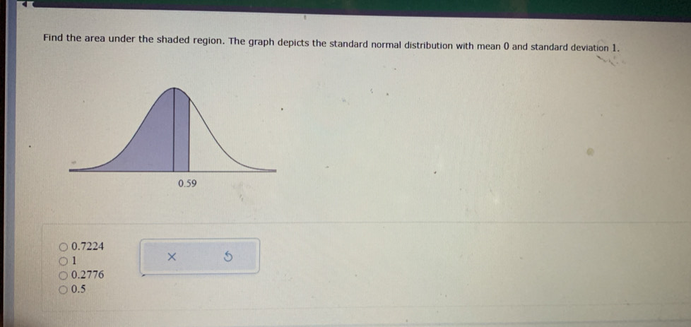 Find the area under the shaded region. The graph depicts the standard normal distribution with mean ( and standard deviation 1.
0.7224
1
× 5
0.2776
0.5