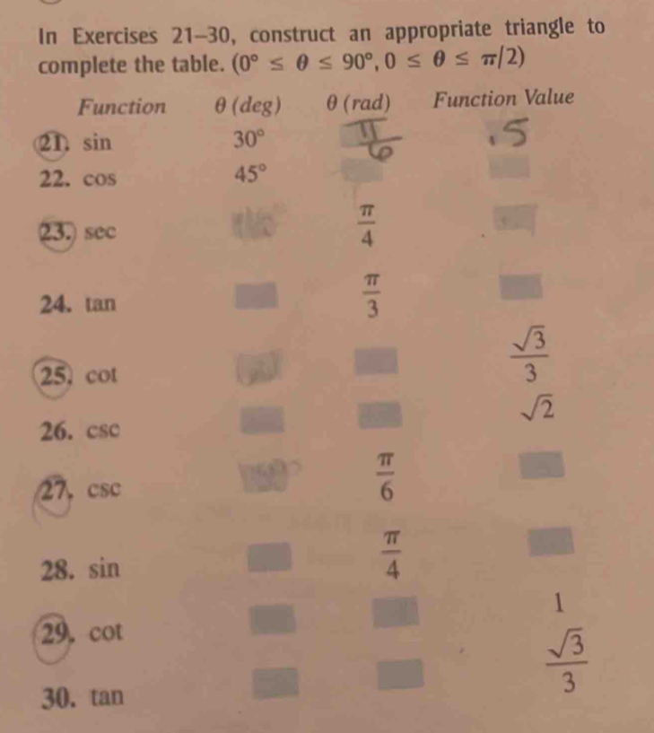 In Exercises 21-30 , construct an appropriate triangle to
complete the table. (0°≤ θ ≤ 90°, 0≤ θ ≤ π /2)
Function θ (deg) θ (rad) Function Value
21) sin 30°
22. cos
45°
23. sec
 π /4 
24. tan
 π /3 
25. cot
 sqrt(3)/3 
sqrt(2)
26. CS C
27. csc
 π /6 
28. sin
 π /4 
1
29. cot
 sqrt(3)/3 
30. tan