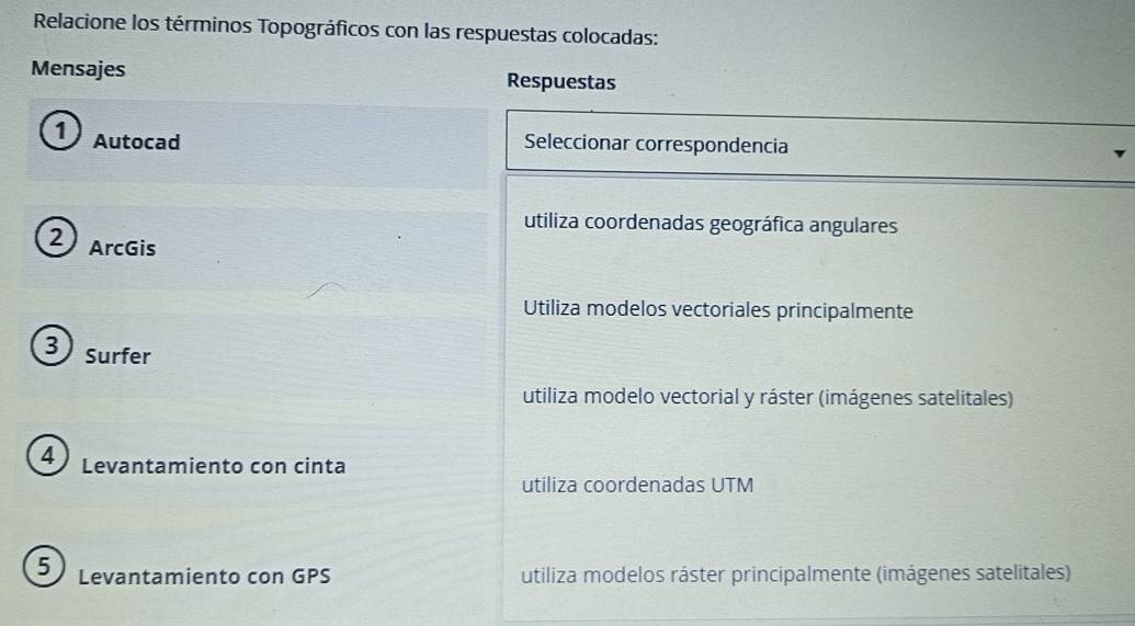 Relacione los términos Topográficos con las respuestas colocadas:
Mensajes Respuestas
1 Autocad Seleccionar correspondencia
utiliza coordenadas geográfica angulares
2 ArcGis
Utiliza modelos vectoriales principalmente
3 surfer
utiliza modelo vectorial y ráster (imágenes satelitales)
4) Levantamiento con cinta
utiliza coordenadas UTM
5 Levantamiento con GPS utiliza modelos ráster principalmente (imágenes satelitales)