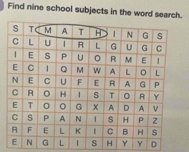 Find nine school subjects in the word search.