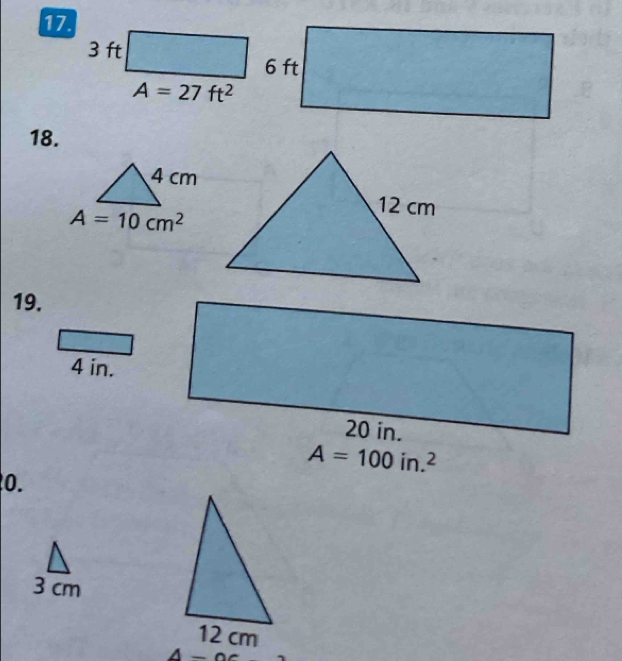 ft
A=27ft^2
18.
19.
4 in.
0.
3 cm