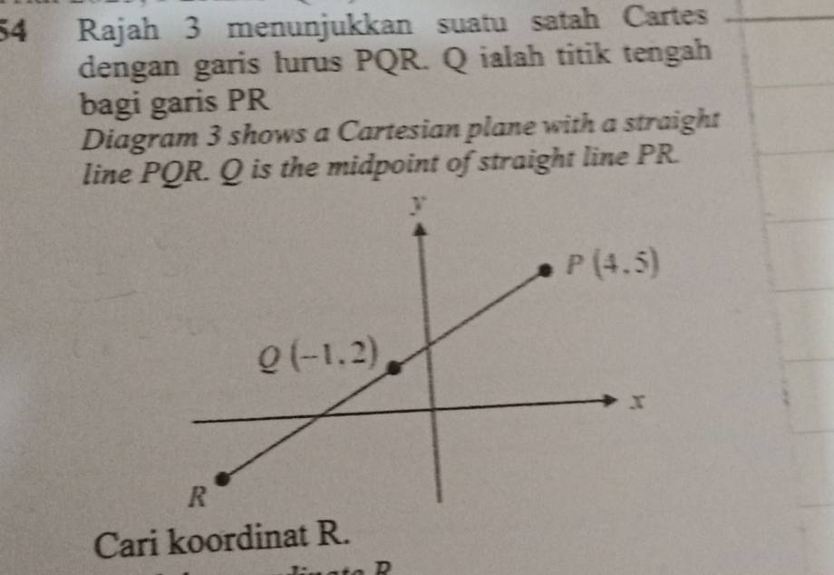 Rajah 3 menunjukkan suatu satah Cartes
dengan garis lurus PQR. Q ialah titik tengah
bagi garis PR
Diagram 3 shows a Cartesian plane with a straight
line PQR. Q is the midpoint of straight line PR.
Cari koordinat R.
D