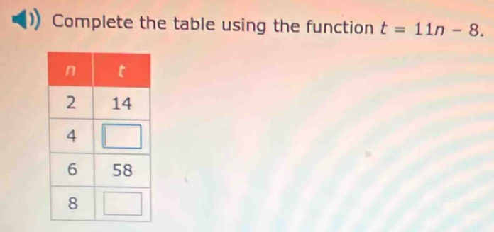 Complete the table using the function t=11n-8.