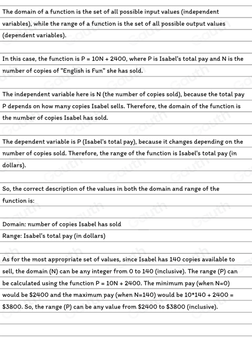 The domain of a function is the set of all possible input values (independent 
variables), while the range of a function is the set of all possible output values 
(dependent variables). 
In this case, the function is P=10N+2400 , where P is Isabel's total pay and N is the 
number of copies of "English is Fun" she has sold. 
The independent variable here is N (the number of copies sold), because the total pay
P depends on how many copies Isabel sells. Therefore, the domain of the function is 
the number of copies Isabel has sold. 
The dependent variable is P (Isabel's total pay), because it changes depending on the 
number of copies sold. Therefore, the range of the function is Isabel's total pay (in 
dollars). 
So, the correct description of the values in both the domain and range of the 
function is: 
Domain: number of copies Isabel has sold 
Range: Isabel's total pay (in dollars) 
As for the most appropriate set of values, since Isabel has 140 copies available to 
sell, the domain (N) can be any integer from 0 to 140 (inclusive). The range (P) can 
be calculated using the function P=10N+2400. The minimum pay (when N=0)
would be $2400 and the maximum pay (when N=140) would be 10^*140+2400=
$3800. So, the range (P) can be any value from $2400 to $3800 (inclusive).