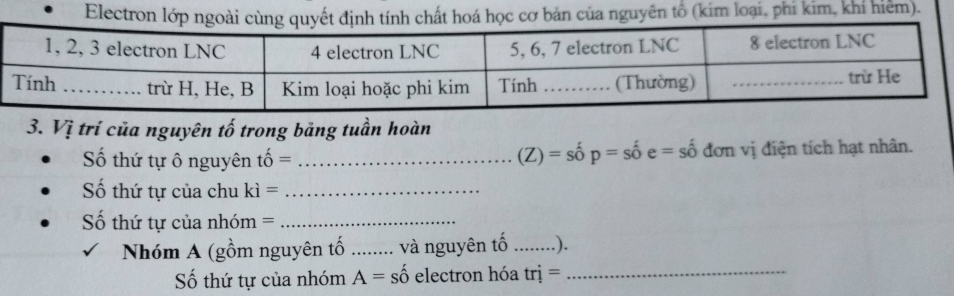 Electroản của nguyên tố (kim loại, phi kim, khí hiêm). 
3. Vị trí của nguyên tố trong bảng tuần hoàn
(Z)=shat op=shat oe=shat o
Số thứ tự ô nguyên that O= _đơn vị điện tích hạt nhân. 
Số thứ tự của chu ki= _ 
Số thứ tự của nhóm =_ 
Nhóm A (gồm nguyên tố _và nguyên tố _.). 
Số thứ tự của nhóm A=shat o electron hóa tri=
_