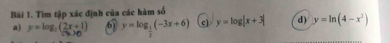 Tìm tập xác định của các hàm số 
a) y=log _2( (2x+1)/3x ) 6) y=log _ 1/2 (-3x+6) c) y=log |x+3| d) y=ln (4-x^2)