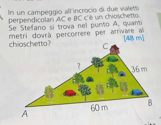 In un campeggio all’incrocio di due vialetti 
perpendicolari AC e BC c'è un chioschetto. 
Se Stefano si trova nel punto A, quanti 
metri dovrà percorrere per arrivare al
[48 m]