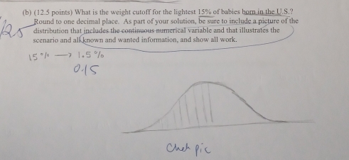 What is the weight cutoff for the lightest 15% of babies born in the U.S.? 
Round to one decimal place. As part of your solution, be sure to include a picture of the 
distribution that includes the continuous numerical variable and that illustrates the 
scenario and all known and wanted information, and show all work