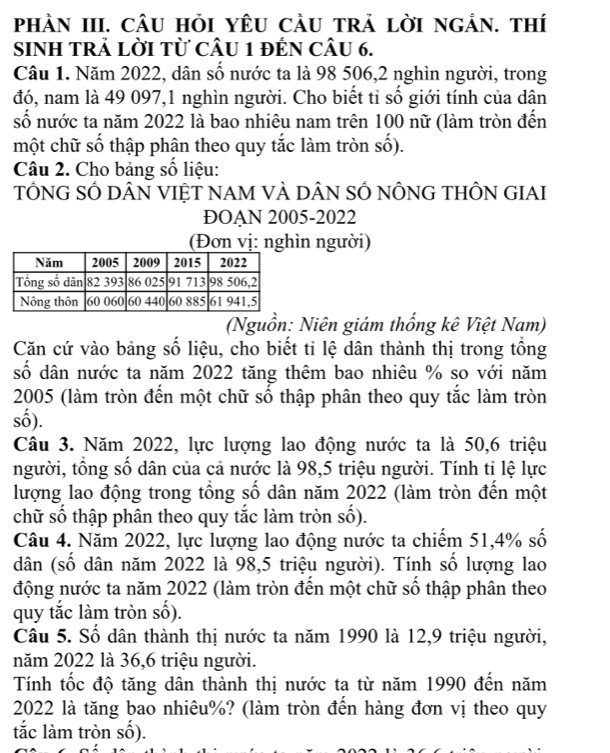 phÀN III. cÂU HỏI YêU cầu trả lời ngản. thí
SINH TRả Lời Từ CÂU 1 đếN CÂu 6.
Câu 1. Năm 2022, dân số nước ta là 98 506,2 nghìn người, trong
đó, nam là 49 097,1 nghìn người. Cho biết tỉ số giới tính của dân
số nước ta năm 2022 là bao nhiêu nam trên 100 nữ (làm tròn đến
một chữ số thập phân theo quy tắc làm tròn số).
Câu 2. Cho bảng số liệu:
TÔNG SÔ DÂN VIỆT NAM VÀ DÂN SÔ NÔNG THÔN GIAI
ĐOAN 2005-2022
(Đơn vị: nghìn người)
(Nguồn: Niên giám thống kê Việt Nam)
Căn cứ vào bảng số liệu, cho biết tỉ lệ dân thành thị trong tồng
số dân nước ta năm 2022 tăng thêm bao nhiêu % so với năm
2005 (làm tròn đến một chữ số thập phân theo quy tắc làm tròn
số).
Câu 3. Năm 2022, lực lượng lao động nước ta là 50,6 triệu
người, tổng số dân của cả nước là 98,5 triệu người. Tính tỉ lệ lực
lượng lao động trong tổng số dân năm 2022 (làm tròn đến một
chữ số thập phân theo quy tắc làm tròn số).
Câu 4. Năm 2022, lực lượng lao động nước ta chiếm 51,4% số
dân (số dân năm 2022 là 98,5 triệu người). Tính số lượng lao
động nước ta năm 2022 (làm tròn đến một chữ số thập phân theo
quy tắc làm tròn số).
Câu 5. Số dân thành thị nước ta năm 1990 là 12,9 triệu người,
năm 2022 là 36,6 triệu người.
Tính tốc độ tăng dân thành thị nước ta từ năm 1990 đến năm
2022 là tăng bao nhiêu%? (làm tròn đến hàng đơn vị theo quy
tắc làm tròn số).