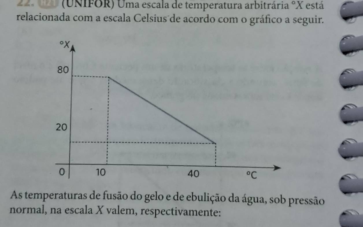 (UNIFOR) Uma escala de temperatura arbitrária°X está 
relacionada com a escala Celsius de acordo com o gráfico a seguir. 
°X
80
20
0 10 40°C
As temperaturas de fusão do gelo e de ebulição da água, sob pressão 
normal, na escala X valem, respectivamente: